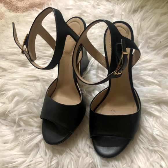 { Chloe } Black Leather Block Heel Sandal w/ Gold - Picture 3 of 7